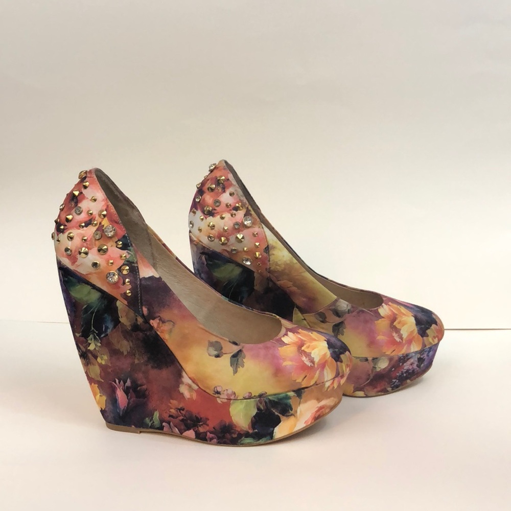 Aldo Watercolor Fabric Stud Wedge Heels
